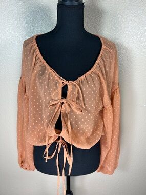 ASOS Peach Tie-Front Swiss Dot Peasant Blouse Size 4